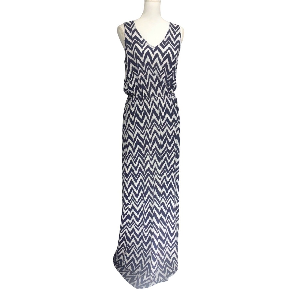 Lilly Pulitzer Maxi Dress Large Navy White Chevron Pima Cotton Coastal Resort